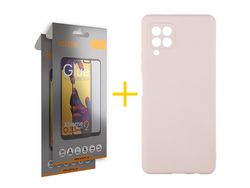 Pack 2 X Protector de Vidrio Templado Full + Funda ACCETEL para Samsung Galaxy M22 Silicona Líquida Rosa