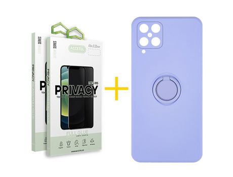 Pack 2 X Protector de Vidrio Templado Anti espía + Funda ACCETEL para Samsung Galaxy A12 4G Gel O-Ring Morado