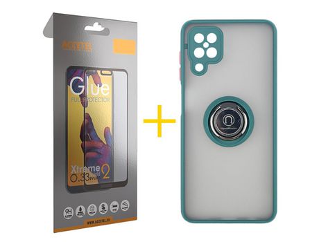 Pack 1 X Protector de Vidrio Templado Full + Funda ACCETEL para Samsung Galaxy A12 5G Gel Bumper con Anillo Verde