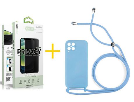 Pack 1 X Protector de Vidrio Templado Anti espía + Funda ACCETEL para Samsung Galaxy A12 4G Gel con Cordón Azul