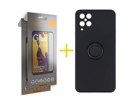 Pack 2 X Protector de Vidrio Templado Full + Funda ACCETEL para Samsung Galaxy M22 Gel O-Ring Negro