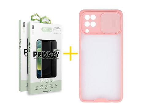 Pack 2 X Protector de Vidrio Templado Anti espía + Funda ACCETEL para Samsung Galaxy M22 Gel Protección Cámara Rosa