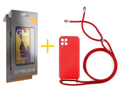 Pack 2 Películas Full + Funda SKYHE para Samsung Galaxy A12 4G Gel con Cordón Rojo
