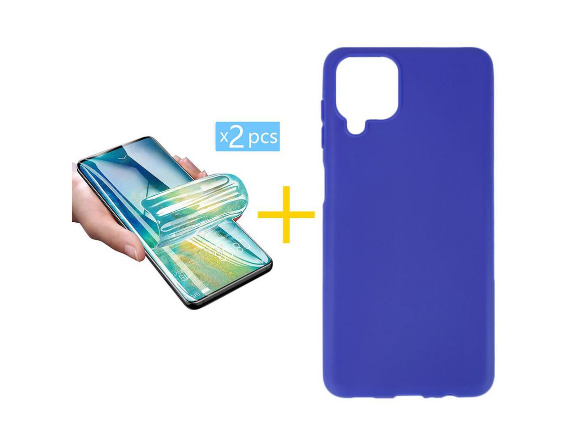 Pack 2 X Protector de Vidrio Templado Hidrogel + Funda ACCETEL para Samsung Galaxy A22 4G Silicona Liso Azul