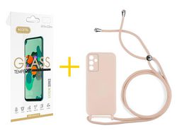 Pack 1 X Protector de Vidrio Templado 2.5D + Funda ACCETEL para Samsung Galaxy A13 5G Gel con Cordón Rosa Pastel
