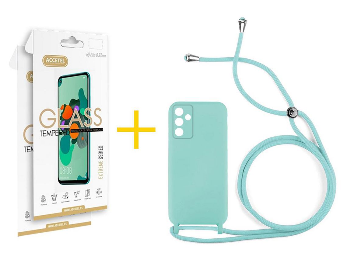 Pack 2 X Protector de Vidrio Templado 2.5D + Funda ACCETEL para Samsung Galaxy A13 5G Gel con Cordón Agua Verde