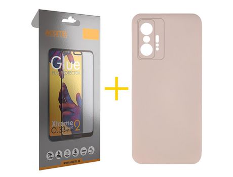 Pack 1 X Protector de Vidrio Templado Full + Funda ACCETEL para Xiaomi 11T Pro Silicona Líquida Rosa
