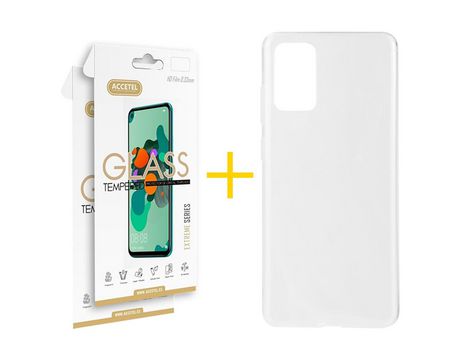 Pack 2 X Protector de Vidrio Templado 2.5D + Funda ACCETEL para Samsung Galaxy S20 Plus 5G Silicona Liso Transparente Clear