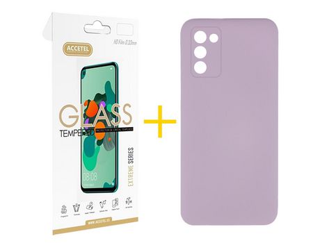 Pack Carcasa + Protector de Pantalla Cristal Templado para Samsung Galaxy A02S ACCETEL Morado