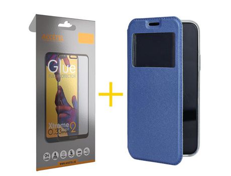 Pack 1 X Protector de Vidrio Templado Full + Funda ACCETEL para Huawei P Smart 2021 Flip Cover Gandy Azul