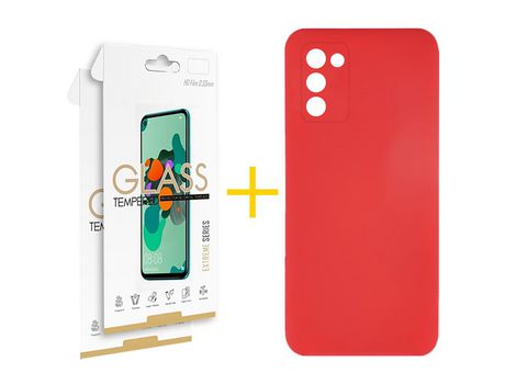 Pack Carcasa + 2 Protectores de Pantalla Cristal Templado para Samsung Galaxy A03S SKYHE Rojo