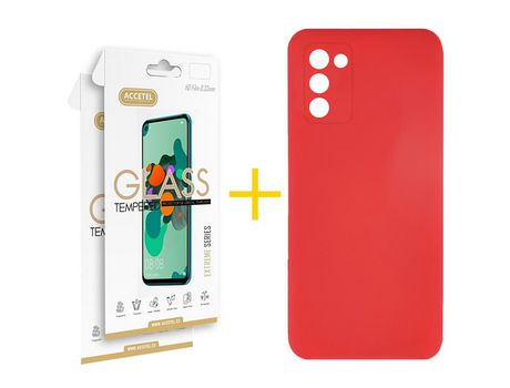 Pack Carcasa + 2 Protectores de Pantalla Cristal Templado para Samsung Galaxy A03S ACCETEL Rojo