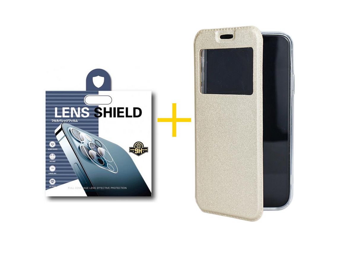 Pack 1 Película de Cámara trasera + Funda SKYHE para Samsung Galaxy A22 4G Flip Cover Gandy Oro