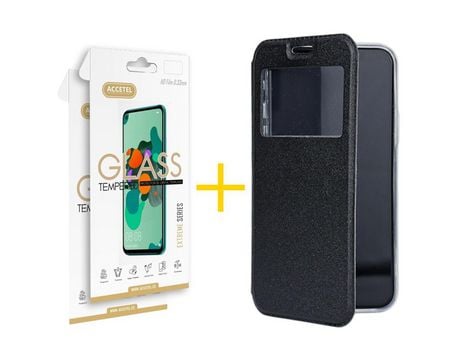 Pack 2 X Protector de Vidrio Templado 2.5D + Funda ACCETEL para Samsung Galaxy S20 Plus 5G Flip Cover Gandy Negro