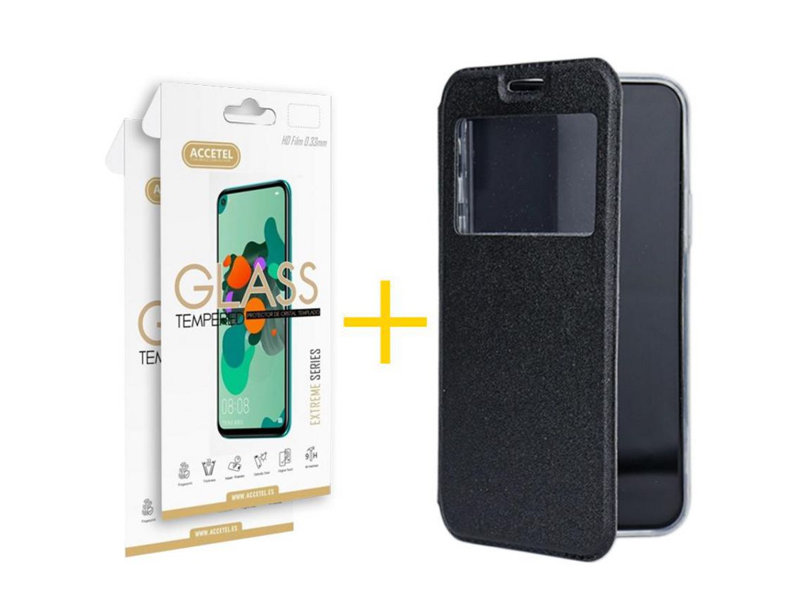 Pack 2 X Protector de Vidrio Templado 2.5D + Funda ACCETEL para Samsung Galaxy A73 5G Flip Cover Gandy Negro