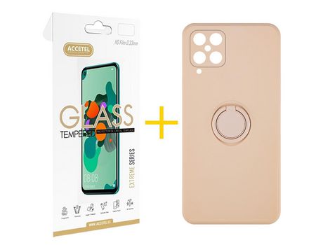 Pack 1 X Protector de Vidrio Templado 2.5D + Funda ACCETEL para Samsung Galaxy A12 5G Gel O-Ring Rosa Pastel