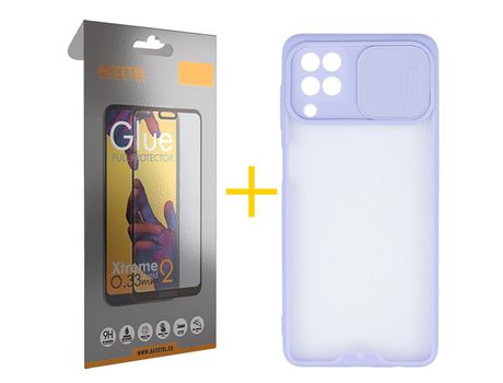 Pack 1 X Protector de Vidrio Templado Full + Funda ACCETEL para Samsung Galaxy A12 4G Gel Protección Cámara Violeta