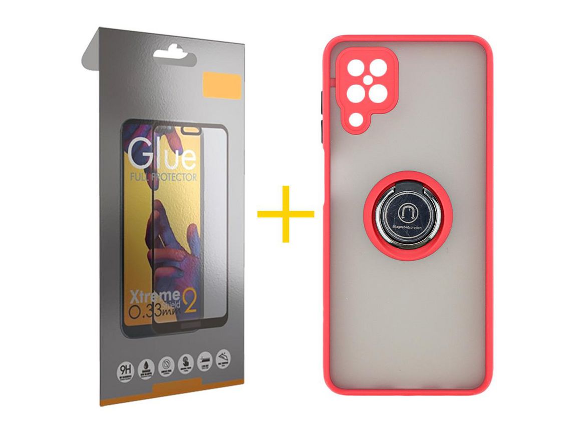Pack 1 Película Full + Funda SKYHE para Samsung Galaxy A12 5G Gel Bumper con Anillo Rojo