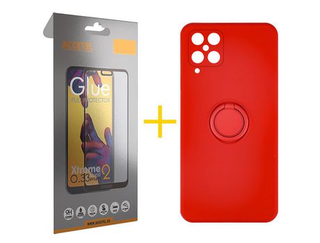 Pack 1 X Protector de Vidrio Templado Full + Funda ACCETEL para Samsung Galaxy M22 Gel O-Ring Rojo