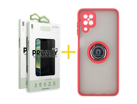 Pack 2 X Protector de Vidrio Templado Anti espía + Funda ACCETEL para Samsung Galaxy A12 5G Gel Bumper con Anillo Rojo