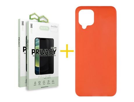 Pack 2 X Protector de Vidrio Templado Anti espía + Funda ACCETEL para Samsung Galaxy A12 5G Silicona Líquida Rojo