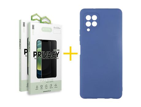 Pack 2 X Protector de Vidrio Templado Anti espía + Funda ACCETEL para Samsung Galaxy A12 4G Silicona Líquida Azul