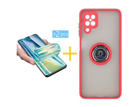 Pack 2 Películas + Funda SKYHE para Samsung Galaxy M12 Gel Bumper con Anillo Rojo