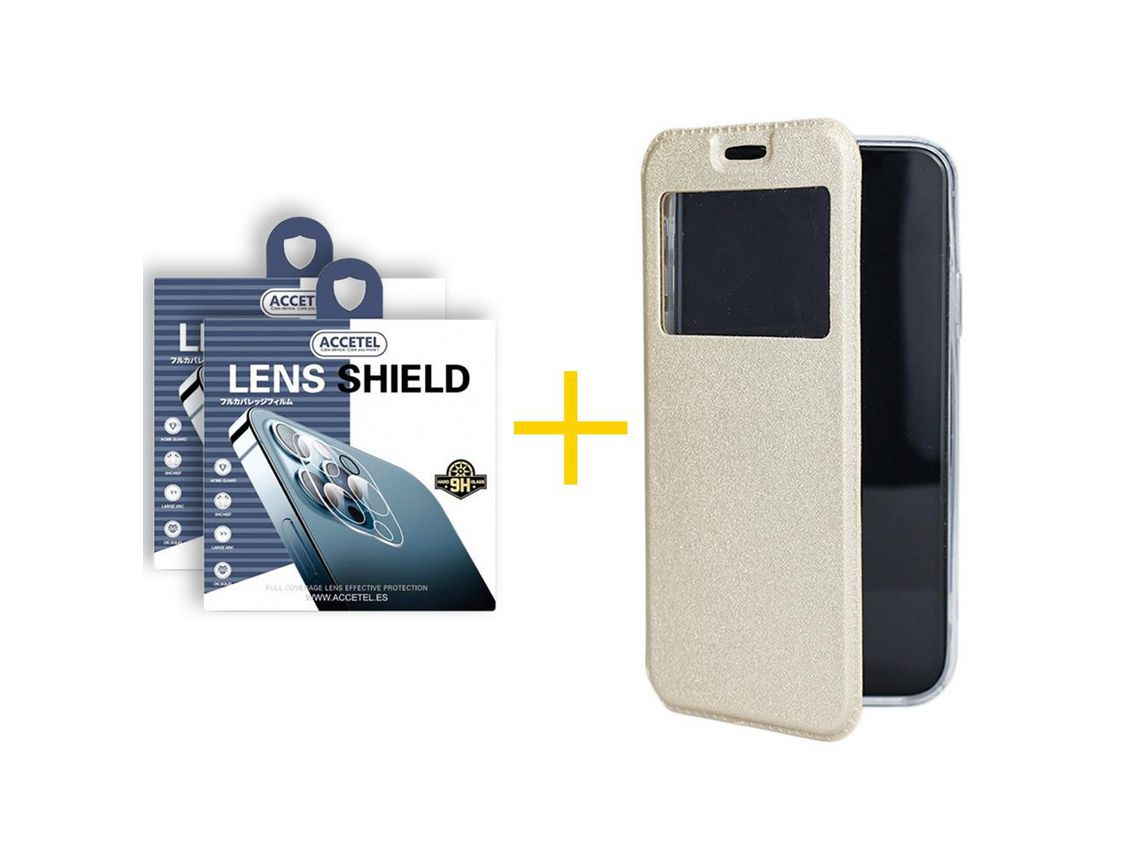 Juego 2 X Película de Cámara trasera y Funda ACCETEL por Apple iPhone 14 Flip Cover Gandy Oro