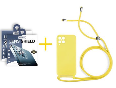 Pack 2 X Protector de Cámara trasera + Funda ACCETEL para Samsung Galaxy M12 Gel con Cordón Amarillo