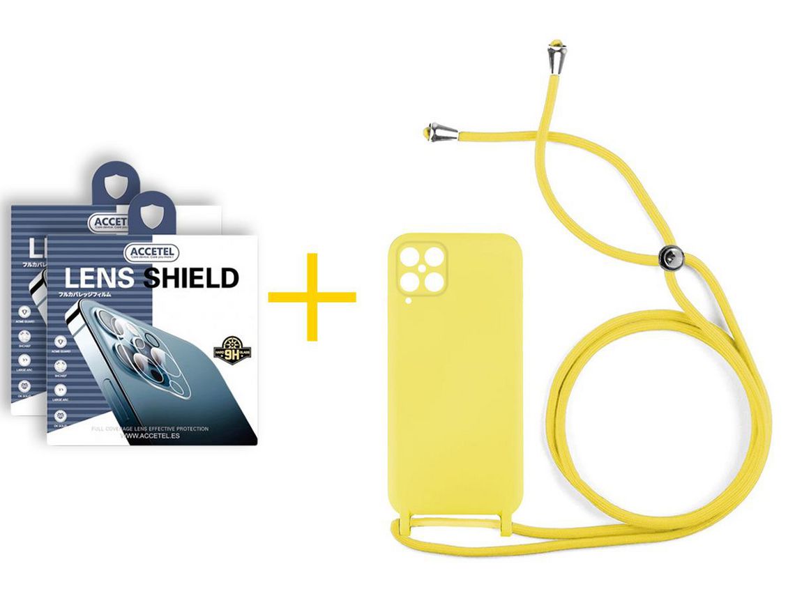 Pack 2 X Protector de Cámara trasera + Funda ACCETEL para Samsung Galaxy A12 4G Gel con Cordón Amarillo