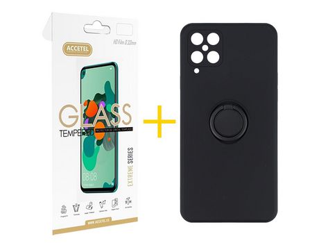 Pack 1 X Protector de Vidrio Templado 2.5D + Funda ACCETEL para Samsung Galaxy M22 Gel O-Ring Negro