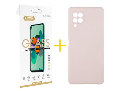 Pack 1 X Protector de Vidrio Templado 2.5D + Funda ACCETEL para Samsung Galaxy A22 4G Silicona Líquida Rosa
