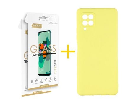 Pack 2 X Protector de Vidrio Templado 2.5D + Funda ACCETEL para Samsung Galaxy A12 4G Silicona Líquida Amarillo
