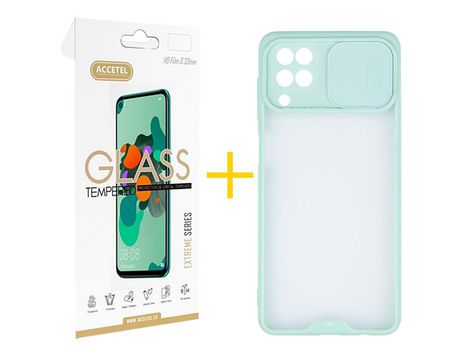 Pack 1 X Protector de Vidrio Templado 2.5D + Funda ACCETEL para Samsung Galaxy M22 Gel Protección Cámara Verde-Mar