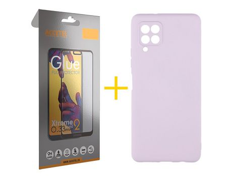 Pack 1 X Protector de Vidrio Templado Full + Funda ACCETEL para Samsung Galaxy A12 4G Silicona Líquida Morado
