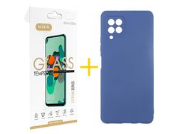 Pack 1 X Protector de Vidrio Templado 2.5D + Funda ACCETEL para Samsung Galaxy A22 4G Silicona Líquida Azul