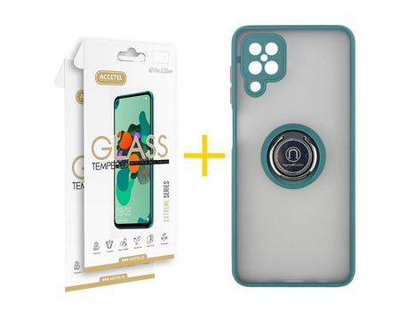 Pack 2 X Protector de Vidrio Templado 2.5D + Funda ACCETEL para Samsung Galaxy A12 5G Gel Bumper con Anillo Verde
