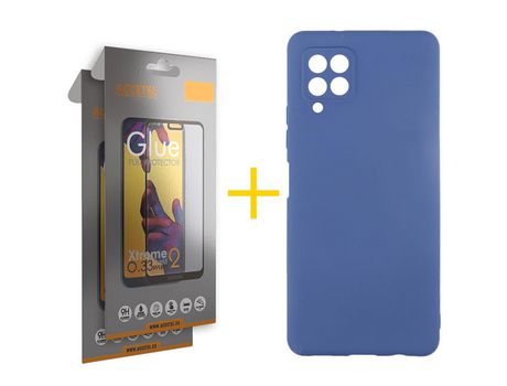 Pack 2 X Protector de Vidrio Templado Full + Funda ACCETEL para Samsung Galaxy M22 Silicona Líquida Azul