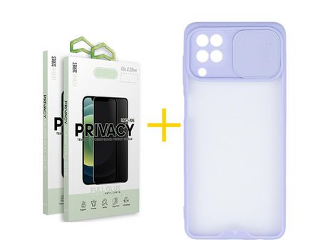 Pack 2 Películas Antiespia + Funda SKYHE para Samsung Galaxy M22 Gel Protteción Cámara Violeta