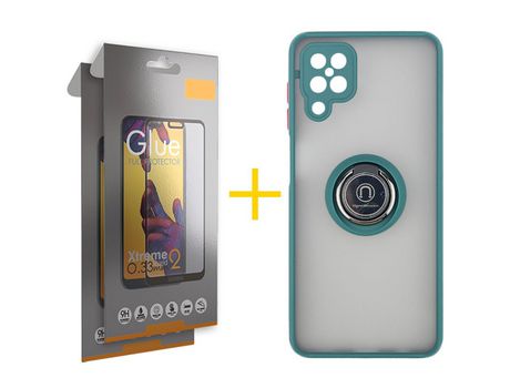 Pack 2 Películas Full + Funda SKYHE para Samsung Galaxy M12 Gel Bumper con Anillo Verde