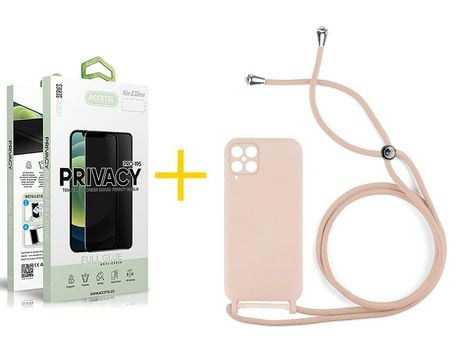Pack 1 X Protector de Vidrio Templado Anti espía + Funda ACCETEL para Samsung Galaxy A12 5G Gel con Cordón Rosa Pastel