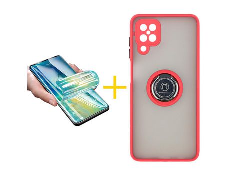 Pack 1 Película + Funda SKYHE para Samsung Galaxy M12 Gel Bumper con Anillo Rojo