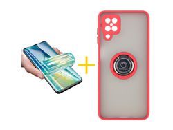 Pack 1 Película + Funda SKYHE para Samsung Galaxy A12 4G Gel Bumper con Anillo Rojo