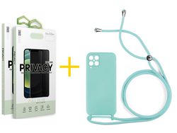 Pack 2 Películas Antiespia + Funda SKYHE para Samsung Galaxy A22 4G Gel con Cordón Agua Verde