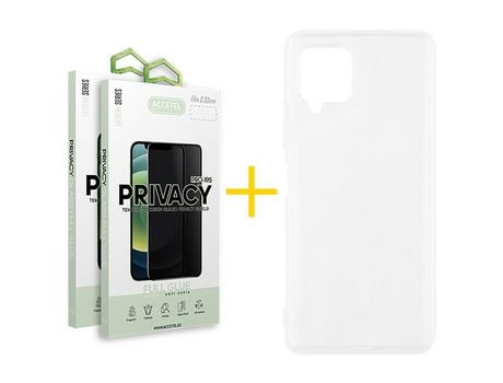 Pack 2 X Protector de Vidrio Templado Anti espía + Funda ACCETEL para Samsung Galaxy A12 4G Silicona Líquida Transparente Clear
