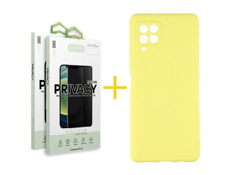 Pack 2 X Protector de Vidrio Templado Anti espía + Funda ACCETEL para Samsung Galaxy A12 4G Silicona Líquida Amarillo
