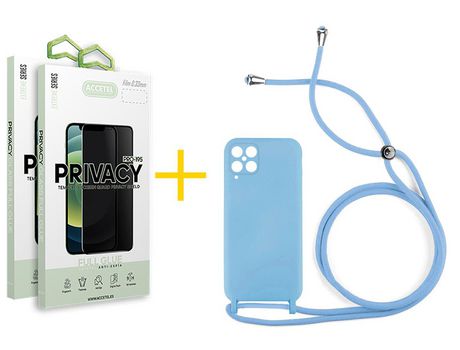 Pack 2 X Protector de Vidrio Templado Anti espía + Funda ACCETEL para Samsung Galaxy A12 5G Gel con Cordón Azul