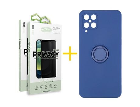 Pack 2 X Protector de Vidrio Templado Anti espía + Funda ACCETEL para Samsung Galaxy A12 4G Gel O-Ring Azul