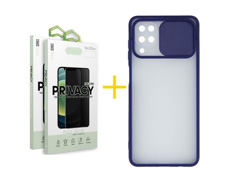 Pack 2 Películas Antiespia + Funda SKYHE para Samsung Galaxy M12 Gel Protteción Cámara Azul Oscuro