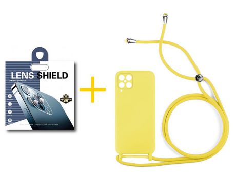Pack 1 Película de Cámara trasera + Funda SKYHE para Samsung Galaxy M12 Gel con Cordón Amarillo